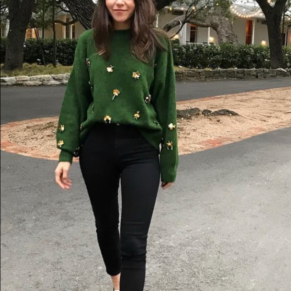 Fun Forest green sweater with gold shimmering bugs on it. H&M small.